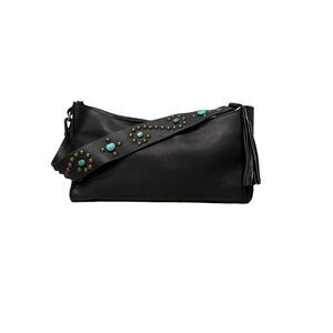 Two Bar West Black Leather Purse With Turquoise Stone Handle Tasseled Zipper.